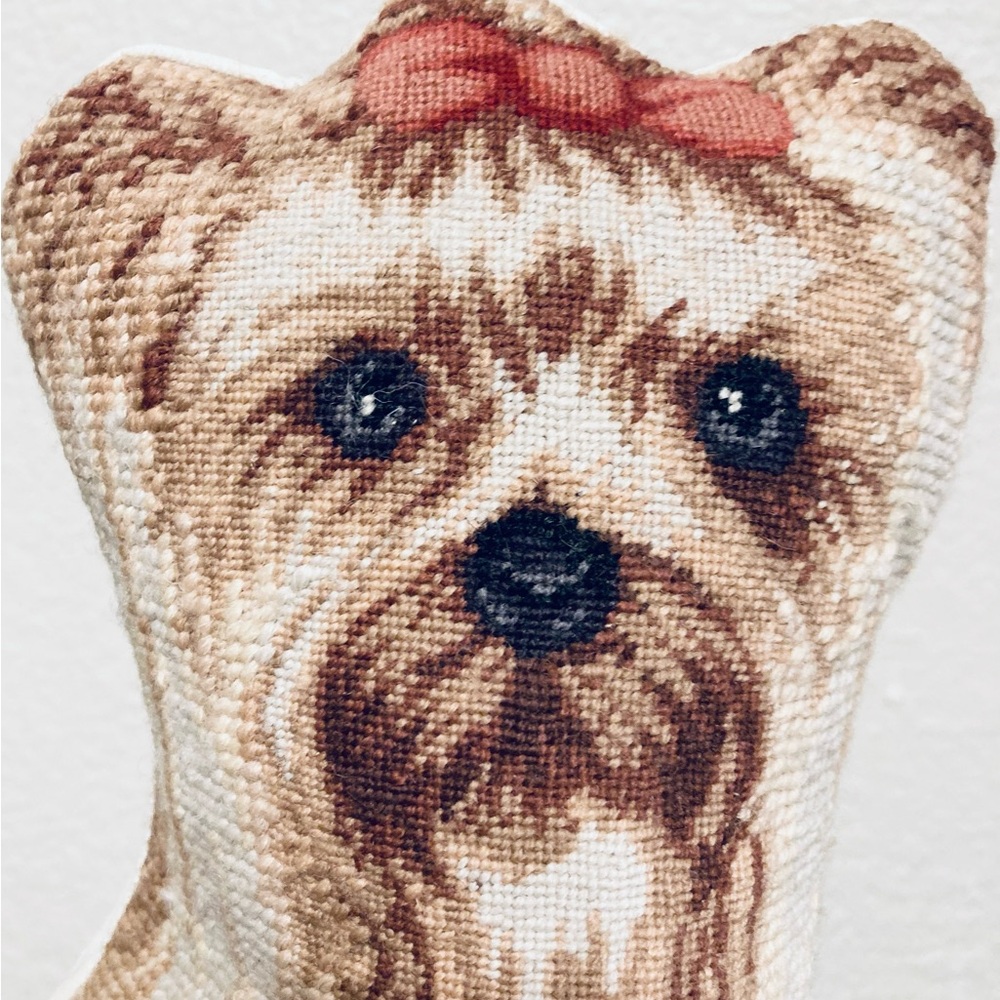 Vintage Yorkshire Terrier with Ribbon Needlepoint dog shaped accent pillow - Picture 3 of 14